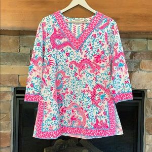 Gretchen Scott Designs top - blue & pink dragons M